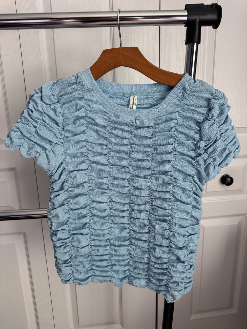 Anthropologie Light Blue Ruched Short Sleeve Tee
